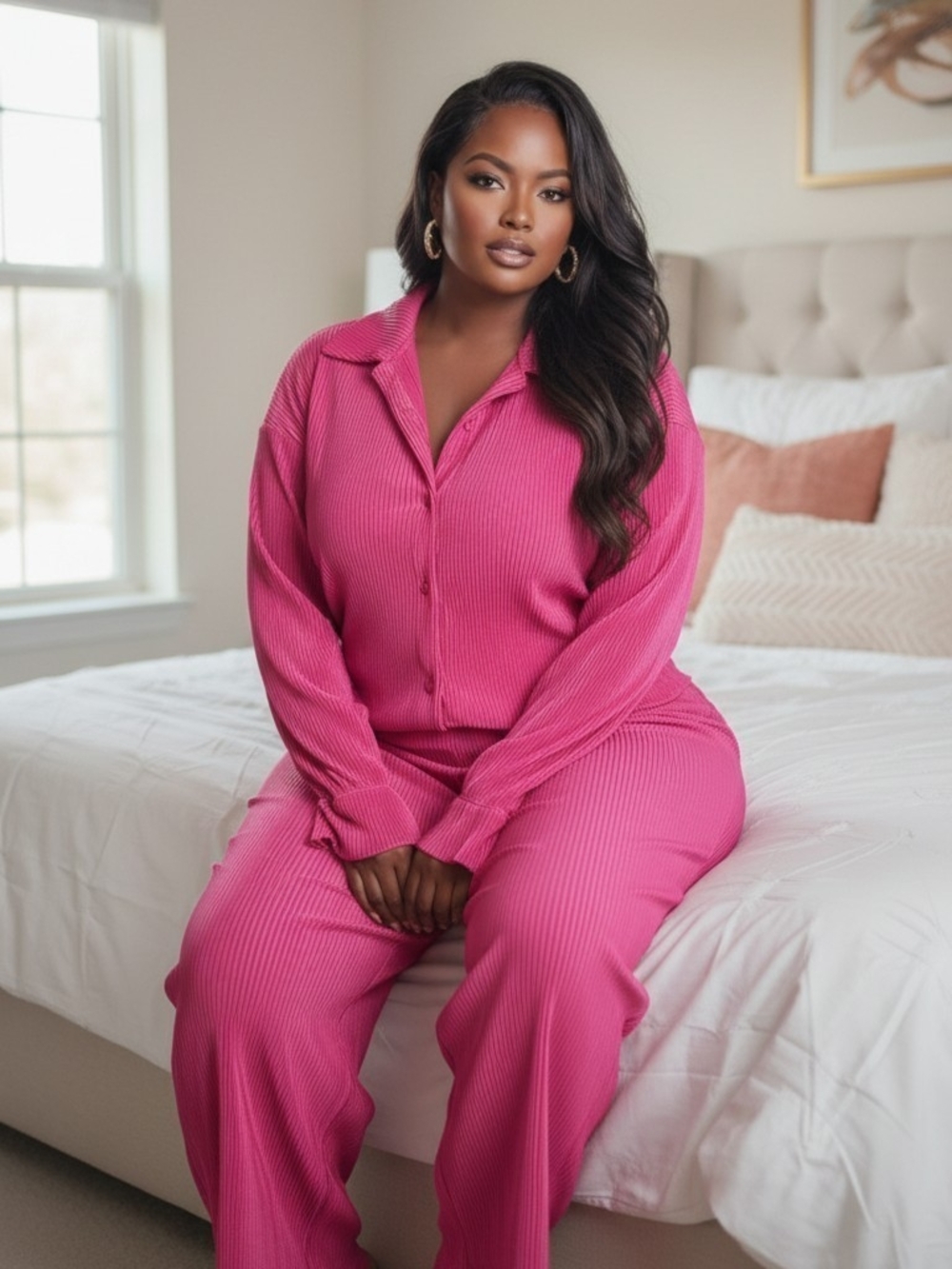 Boutique Vibrant Hot Pink Plissé Pleated 2-Piece Set Button Front Shirt & Wide L